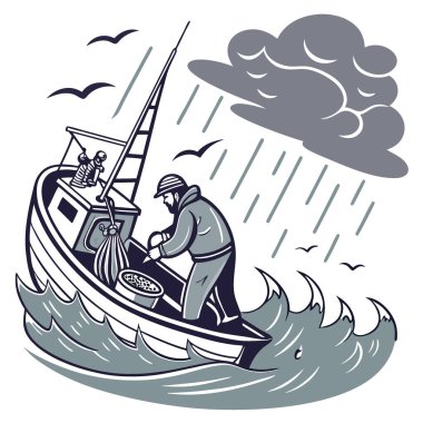 Balıkçı, hareketli bir balıkçı teknesinde çalışırken fırtınaya göğüs gerer. - Evet. Yapay zeka üretildi. Vektör simgesi