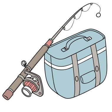 Mavi bir yüzey üzerinde olta ve makara açık hava macerasına hazır. Yapay zeka üretildi. Vektör simgesi