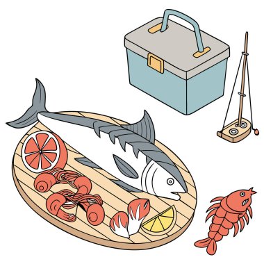 Taze balık. Lezzetli Deniz Ürünleri Tabakları ve Balıkçılık Gezisi Yemek Fotoğrafçılığı. Yapay zeka üretildi. Vektör simgesi