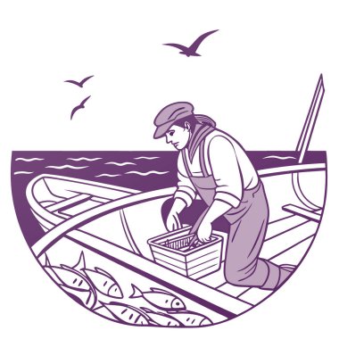 Genç balıkçılar kıyı sularında alacakaranlıkta teknede taze balık avlıyorlar. Yapay zeka üretildi. Vektör simgesi