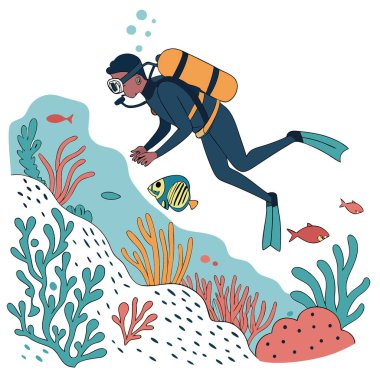 Bir adam tüplü dalış yapıyor. Yapay zekanın ürettiği teknolojinin yardımıyla yaratıldı. Vektör simgesi