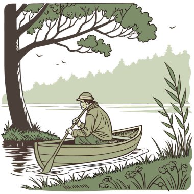 Kirli eski elbiseli bir adam gölde bir teknede oturuyor. Yapay zeka üretildi. Vektör simgesi