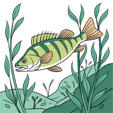 Büyük bir levrek durgun sudaki yemyeşil bitkilerin arasında zarifçe yüzer. Yapay zeka üretildi. Vektör simgesi