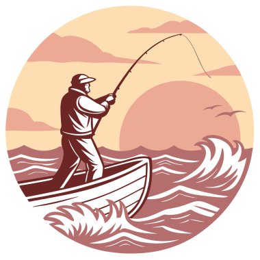 Balıkçılar gün batımında balık tutarken dalgalı sularda olta atıyorlar. Yapay zeka üretildi. Vektör simgesi