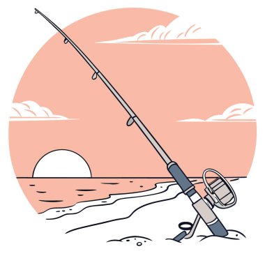 Sunset 'teki Sandy Plajı' nda olta kamışı. Kıyı Sporu Balıkçılık Ekipmanı. Yapay zeka üretildi. Vektör simgesi