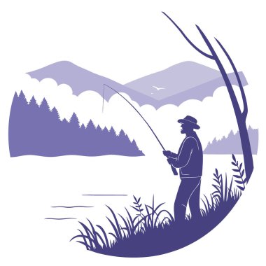 Sis ve dağlarla çevrili sakin bir göl kenarında şafak vakti balık tutan adam yapay zeka üretiyor. Vektör simgesi