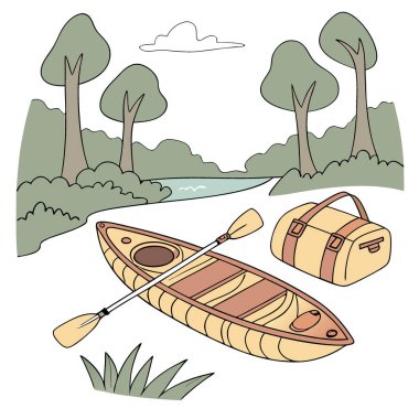Yapay zeka tarafından üretilen şişme kano ve açık hava aktiviteleri için poşetler. Vektör simgesi