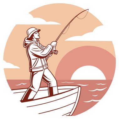 Güneşin doğuşunda heyecan verici bir balık avı için bir denizci hazırlığı. Yapay zeka üretildi. Vektör simgesi