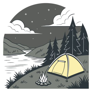 Huzurlu bir gölün kıyısında karamsar bir gece gökyüzünün altında sıcak bir ateş bulunan kamp çadırı yapay zeka oluşturdu. Vektör simgesi