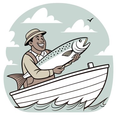 Teknedeki mutlu bir balıkçı elinde büyük bir balık tutuyor. Çizim. Yapay zeka üretildi. Vektör simgesi