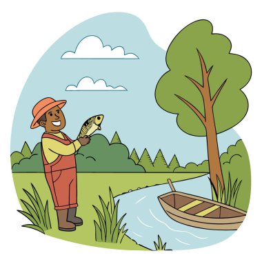 Bir balıkçı günün tadını çıkarırken gölün kıyısında neşeli bir keşif. Yapay zeka üretildi. Vektör simgesi