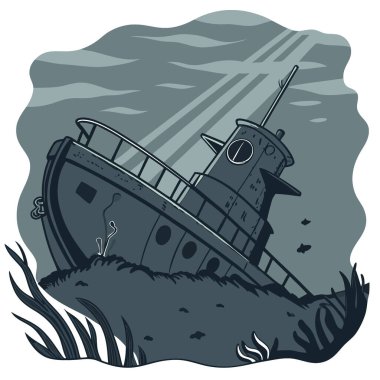 Kayıp denizaltı enkazı bulanık sularda gizlenmiş. 4K hipergerçekçi fotoğraf. Yapay zeka üretildi. Vektör simgesi