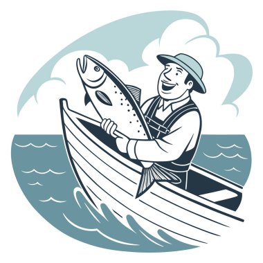 Teknede elinde büyük bir balık tutan mutlu bir balıkçının en iyi görüntüsü. Yapay zeka üretildi. Vektör simgesi