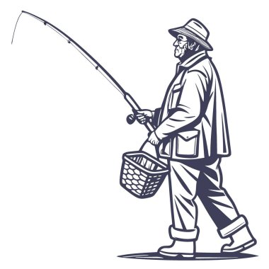 Elinde olta olan bir balıkçı şeffaf bir arka planda izole edilmiş. PNG. Yapay zeka üretildi. Vektör simgesi