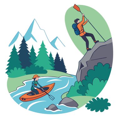 Macera Seyahat Paketleri. Heyecan verici açık hava aktiviteleri. 3 boyutlu illüstrasyon. Yapay zeka üretildi. Vektör simgesi