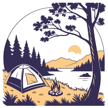 Çadırlı kamp sahnesi. Şenlik. ve alacakaranlıkta göl. Ağaçlarla çevrili yapay zeka üretildi. Vektör simgesi