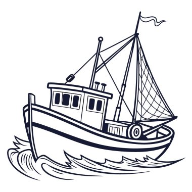 Balıkçı teknesi. Yapay zekanın oluşturduğu beyaz arka planda düz bir şekilde vektör illüstrasyonu. Vektör simgesi