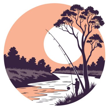 Gün batımında nehre atılan olta kamışı. Arkadaki ağaçlar. Boş zamanlarında yapay zekayı kullan. Vektör simgesi