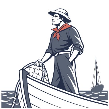 Kafkasyalı bir denizcinin Nets on a Boat 'taki portresinin yüksek detay görüntüsü. Yapay zeka üretildi. Vektör simgesi