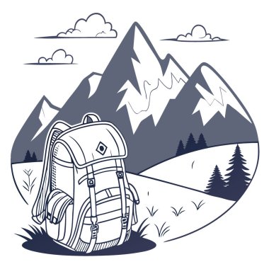 Arka planda dağlı sırt çantasıyla gezintiye çıkmak, açık hava macerası yaşamak. Yapay zeka üretildi. Vektör simgesi