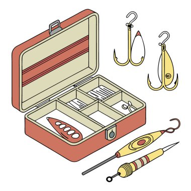 Organize olta kutusu, yemler ve aksesuarlar düzgünce sergilenmiş. Yapay zeka üretildi. Vektör simgesi