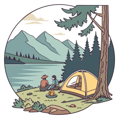 Dağ Manzaralı Gölün Kıyısındaki Kamp 'ın Piksel Mükemmel Görüntüsü. Yapay zeka üretildi. Vektör simgesi
