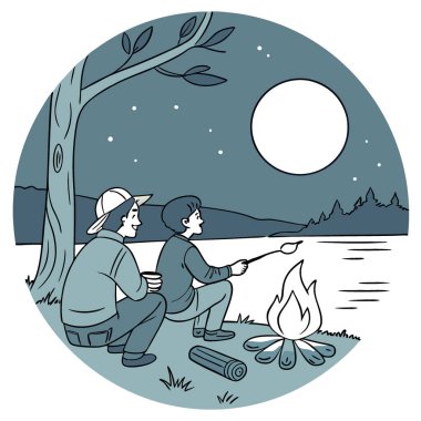 Üç kampçı dolunayın altında bir gölün kenarında oturur. Yapay zekanın yarattığı sıcak kamp ateşinin tadını çıkarıyorum. Vektör simgesi