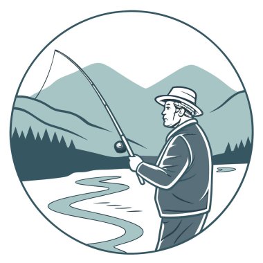 Şapkalı yaşlı bir adam, arka planda dağlar olan bir nehirde yapay zekayla balık tutuyor. Vektör simgesi