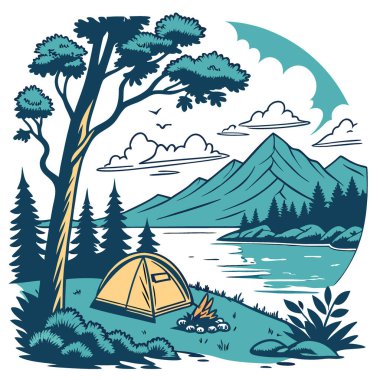 Dağ Manzaralı Gölün Kıyısındaki Kamp 'ın Ayrıntılı Renkli Görüntüsü. Yapay zeka üretildi. Vektör simgesi
