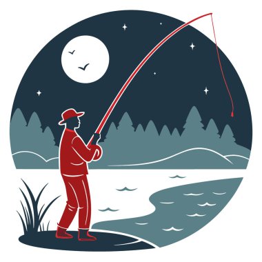 Serene Waters 'da Kırmızı Dönen Sopa ve Yem ile Gece Balıkçılığı Macerası. Yapay zeka üretildi. Vektör simgesi