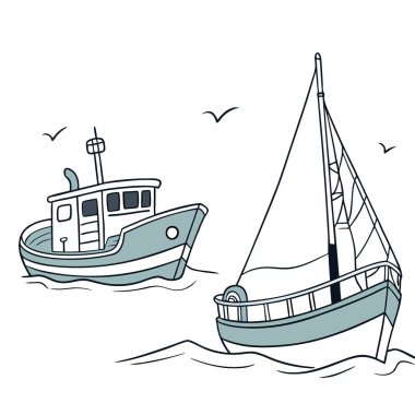 İki tekne okyanusta yüzüyor. Bir tanesi küçük bir balıkçı teknesi. Yapay zeka üretildi. Vektör simgesi