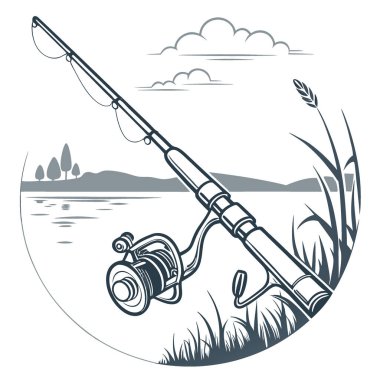 Yakından Balıkçı Çubuğu. Lake Shore Spor Balıkçılığı. Dönen Makara. Angler Vites. Yapay zeka üretildi. Vektör simgesi