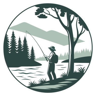 Huzurlu Göl Balıkçılığı Sahnesi Yürüyüşçü ve Sahne Ortamı. - Evet. Yapay zeka üretildi. Vektör simgesi