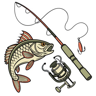 Şeffaf arkaplanda balık yakalamak için balık tutma elementleriyle kurulmuş bir balık. Yapay zeka üretildi. Vektör simgesi