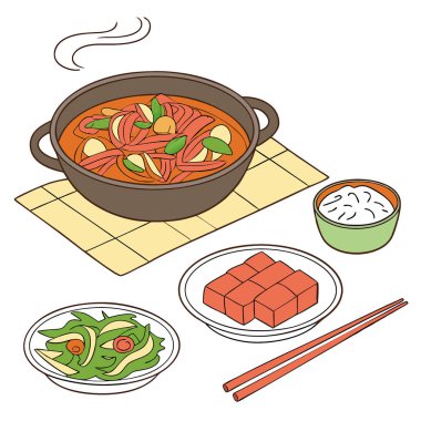 Karışık işkembe, baharatlı domuz güveci ve meze içeren Kore mutfağı. Yapay zeka üretildi. Vektör simgesi