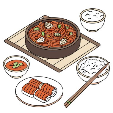 Kore yemekleri baharatlı kızarmış işkembe domuz eti güveci ve yan ürünler. Yapay zeka üretildi. Vektör simgesi