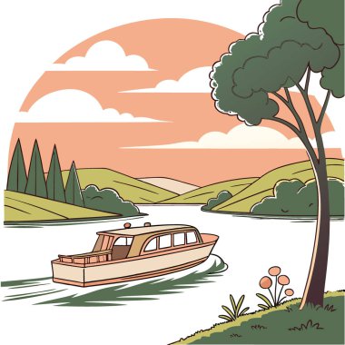 Orta çağ modern tarzı. Sunset Göl Manzarası 'nda tekne gezisi yapay zeka ürünü. Vektör simgesi