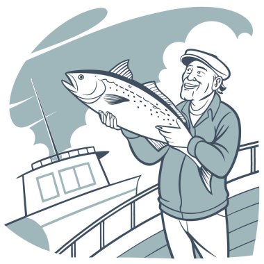 Başarılı bir Balık Avı gezisinden sonra Büyük Balık Tutan Kıdemli Adam. Yapay zeka üretildi. Vektör simgesi