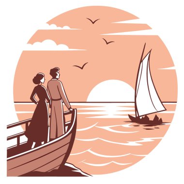 Okyanusta tekne gezisinde bir çift. Güneş batarken ufka hayran olan yapay zeka ortaya çıktı. Vektör simgesi