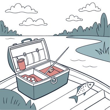 Yapay zekanın ürettiği, su kenarındaki bir teknede balık ve ekipman dolu bir balık oltası. Vektör simgesi