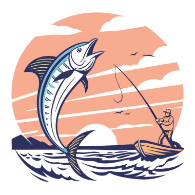 Gün batımında açık denizde balık avlarken yakalanan zıplayan balıklar. - Evet. Yapay zeka üretildi. Vektör simgesi