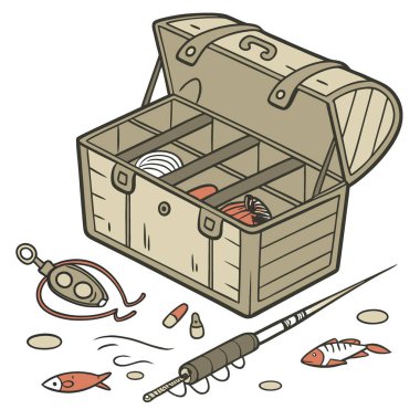 Yıpranmış Balıkçılık Alet Kutusu Yem ve Gear - Belgesel Biçimi ile dolup taşıyor. Yapay zeka üretildi. Vektör simgesi