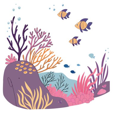 Renkli balıklarla dolu canlı bir mercan resifinde sualtı keşfi. - Evet. Yapay zeka üretildi. Vektör simgesi