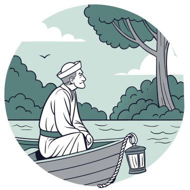 Huzurlu göl bilgeliği ve ruhani yansıması olan bir teknede yaşlı bir denizci. Yapay zeka üretildi. Vektör simgesi