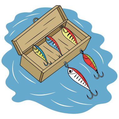 Ahşap bir kutuda renkli balık yemi dinleniyor. Derin mavi suyun üzerinde yüzen yapay zeka üretildi. Vektör simgesi