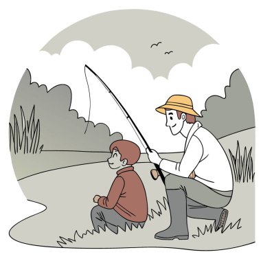 Baba ve Oğul, Sakin Nehir Kıyısında Birlikte Barışçıl Bir Gün 'ün tadını çıkarıyorlar. Yapay zeka üretildi. Vektör simgesi