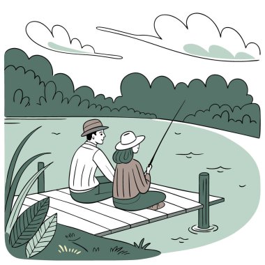 Çiftler Gölde Rahatlatıcı Balık Günü 'nün tadını çıkarıyorlar. Hobileri üzerinden bağ kuruyorlar. Yapay zeka üretildi. Vektör simgesi