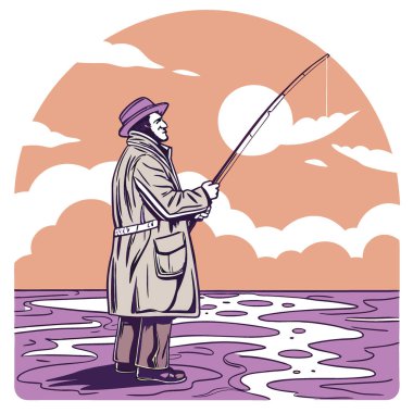 Renkli gökyüzüyle çarpıcı bir günbatımında okyanusta duran balıkçı. Yapay zeka üretildi. Vektör simgesi