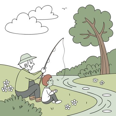 Büyükbaba ve torun huzurlu bir nehir kenarında huzurlu bir balık avının tadını çıkarıyorlar. Yapay zeka üretildi. Vektör simgesi