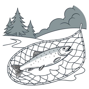 Kış balıkçılık gezisi sırasında balık ağında buzda dinlenen taze yakalanmış balıklar. Yapay zeka üretildi. Vektör simgesi